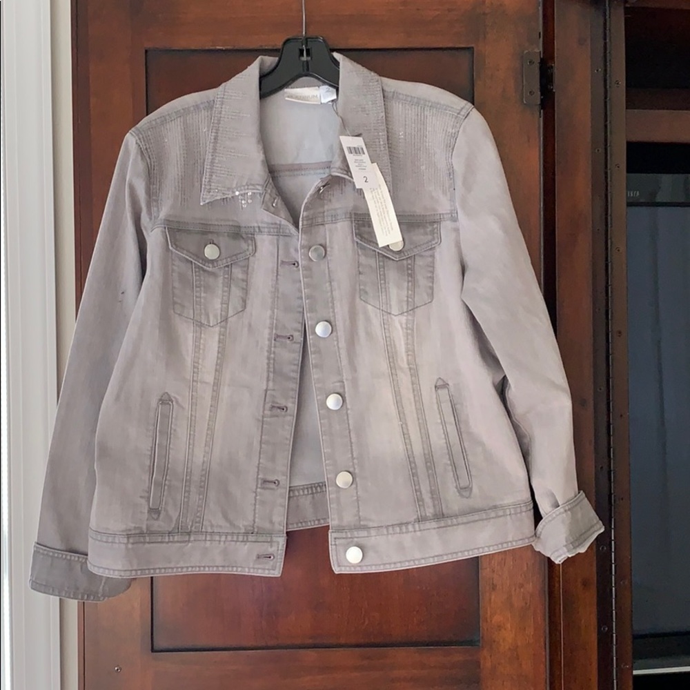 Chico’s grey jean jacket with sequined shoulders